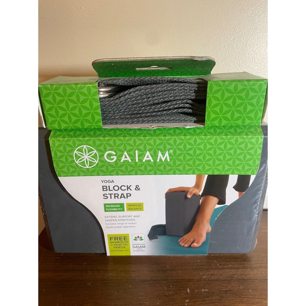 Gaiam Yoga Block and Strap Set Grey Foam Support Deepen Stretches 05-62333